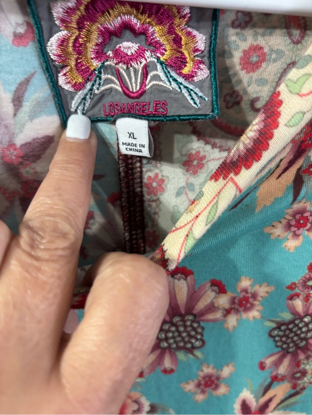 Johnny Was Teal & Burgundy Floral Patchwork Short Sleeve Top 29-30” Ptp - Picture 2 of 6
